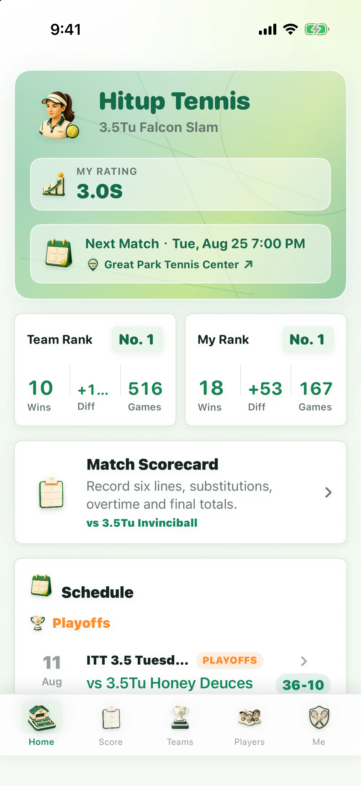 ITT Assist 8.0 home screen showing the anonymized Hitup Tennis profile, Falcon Slam, an August 25 match against Invinciball, team rank, player rank and match scorecard entry