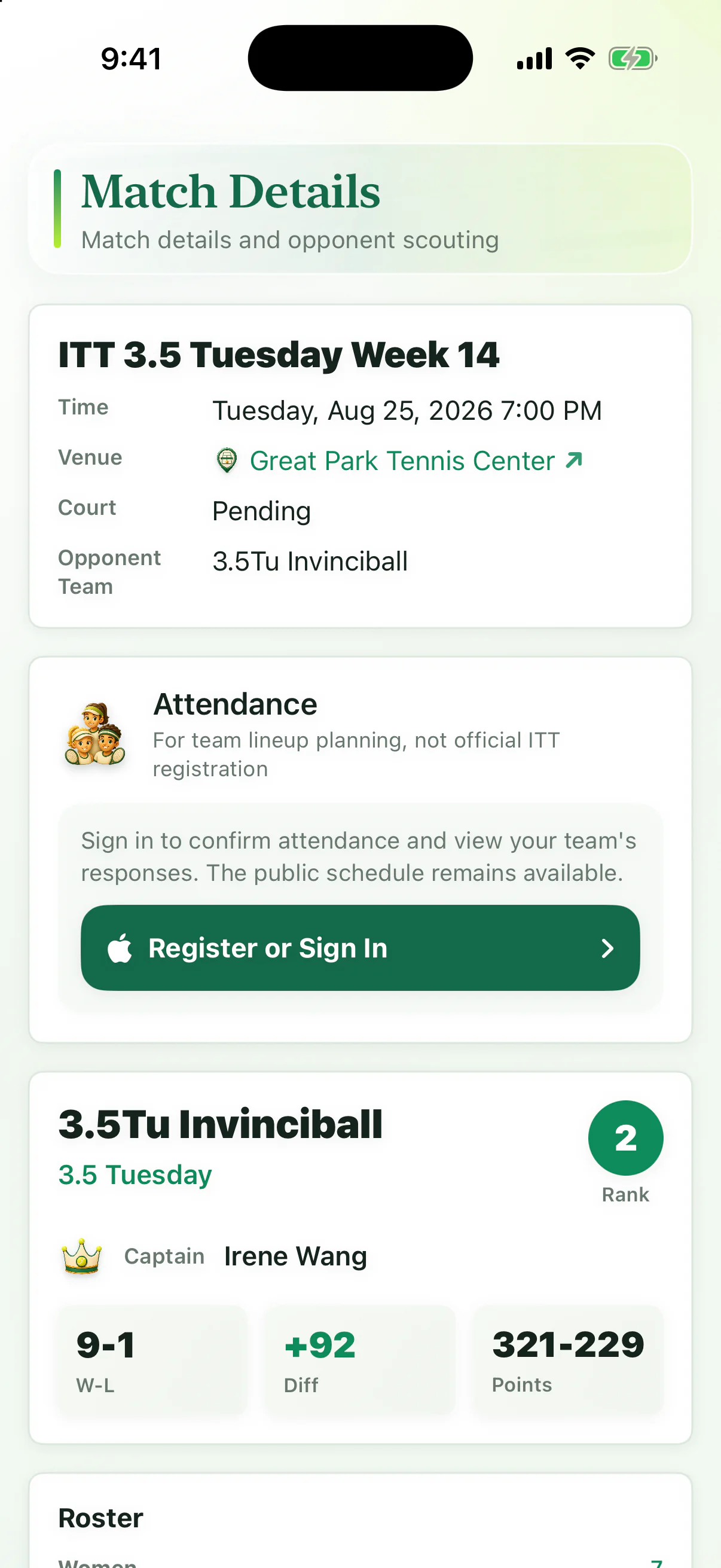 ITT Assist match detail for Falcon Slam versus Invinciball at Great Park Tennis Center