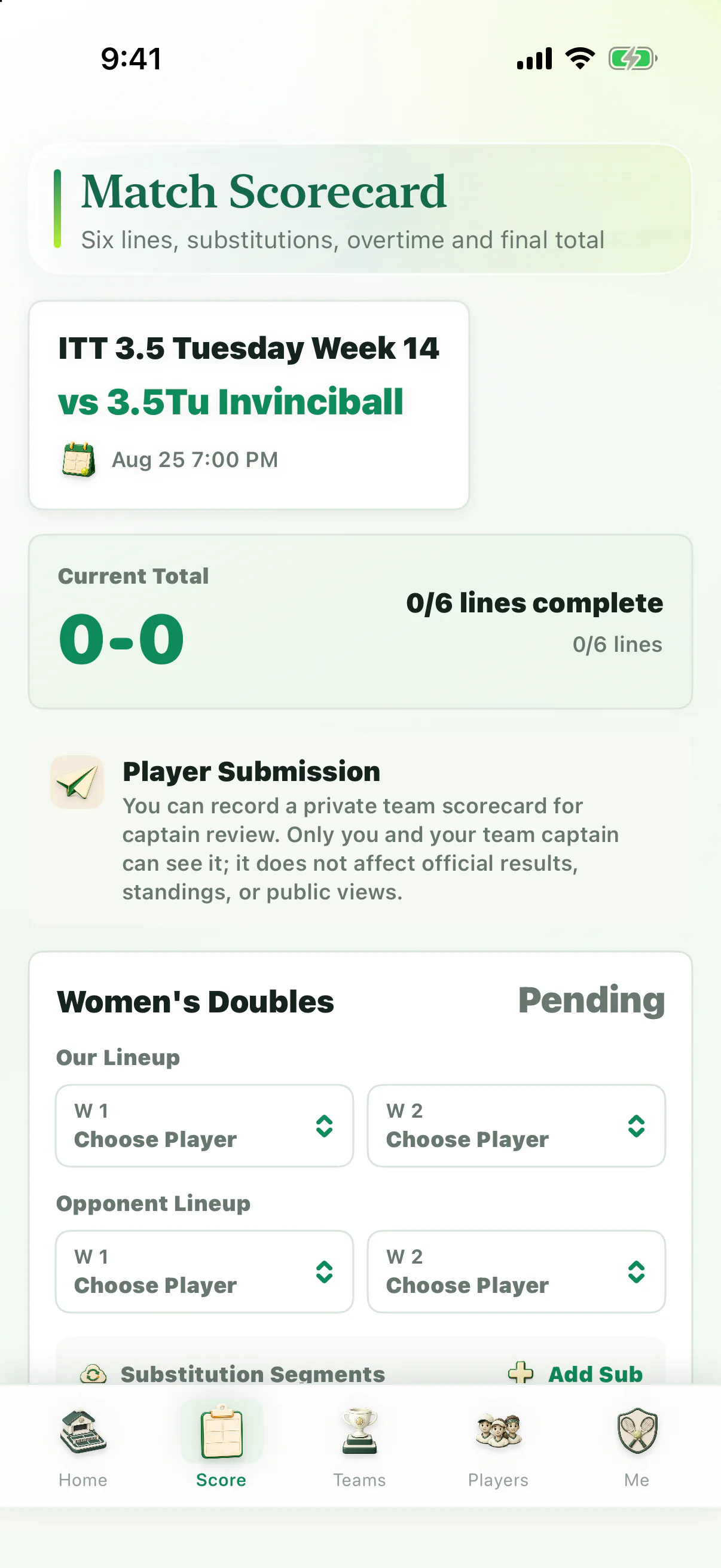 ITT Assist private match scorecard with six lines, substitutions and totals